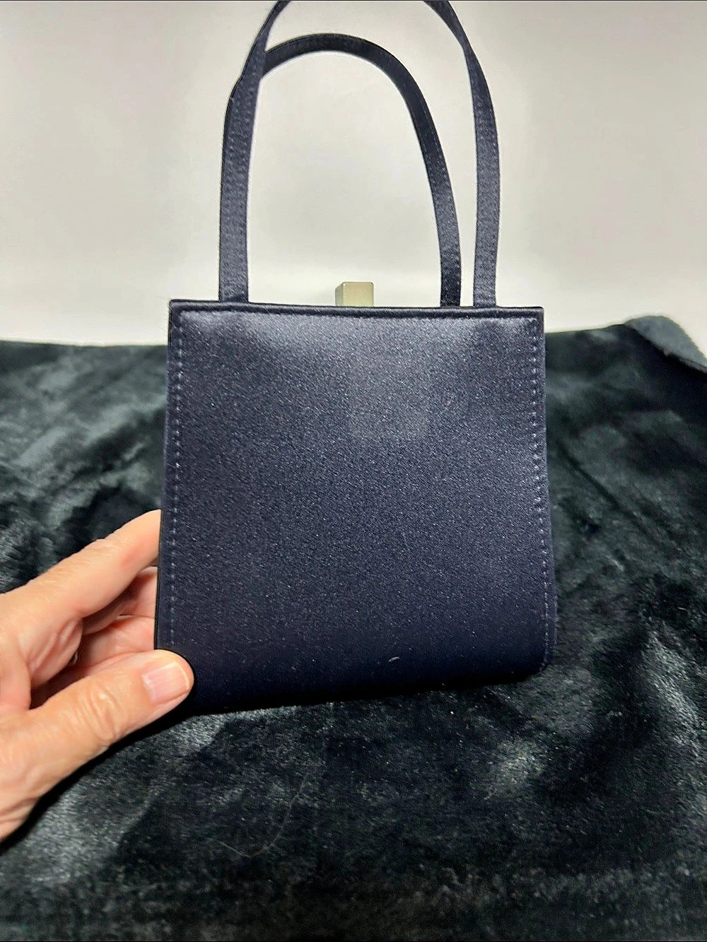 Sak’s Fifth Avenue Structured Black/Navy Satin finish Evening Bag